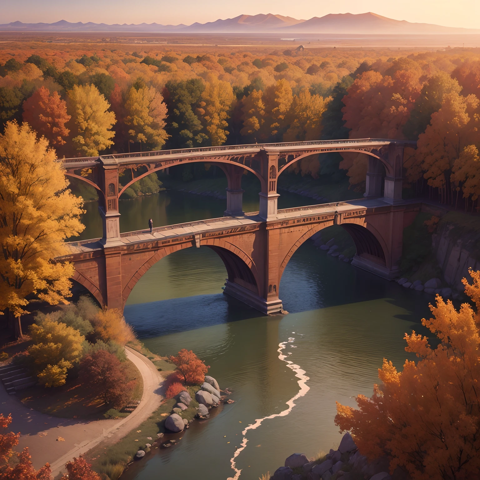 hyperrealistic image of a landscape in autumn, a bridge with iron railings, in the foreground, a sunset, trees with dry leaves falling, a path after the bridge to infinity with trees on both sides, yellow and reddish leaves, sensation of cold, 4k, clean, fantastic