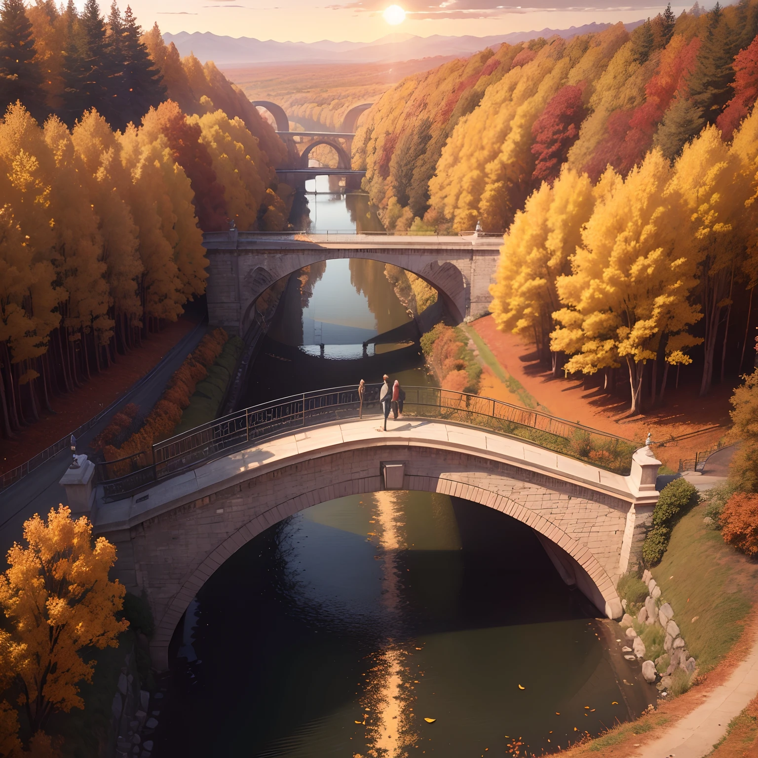 hyperrealistic image of a landscape in autumn, a bridge with iron railings, in the foreground, a sunset, trees with dry leaves falling, a path after the bridge to infinity with trees on both sides, yellow and reddish leaves, sensation of cold, 4k, clean, fantastic