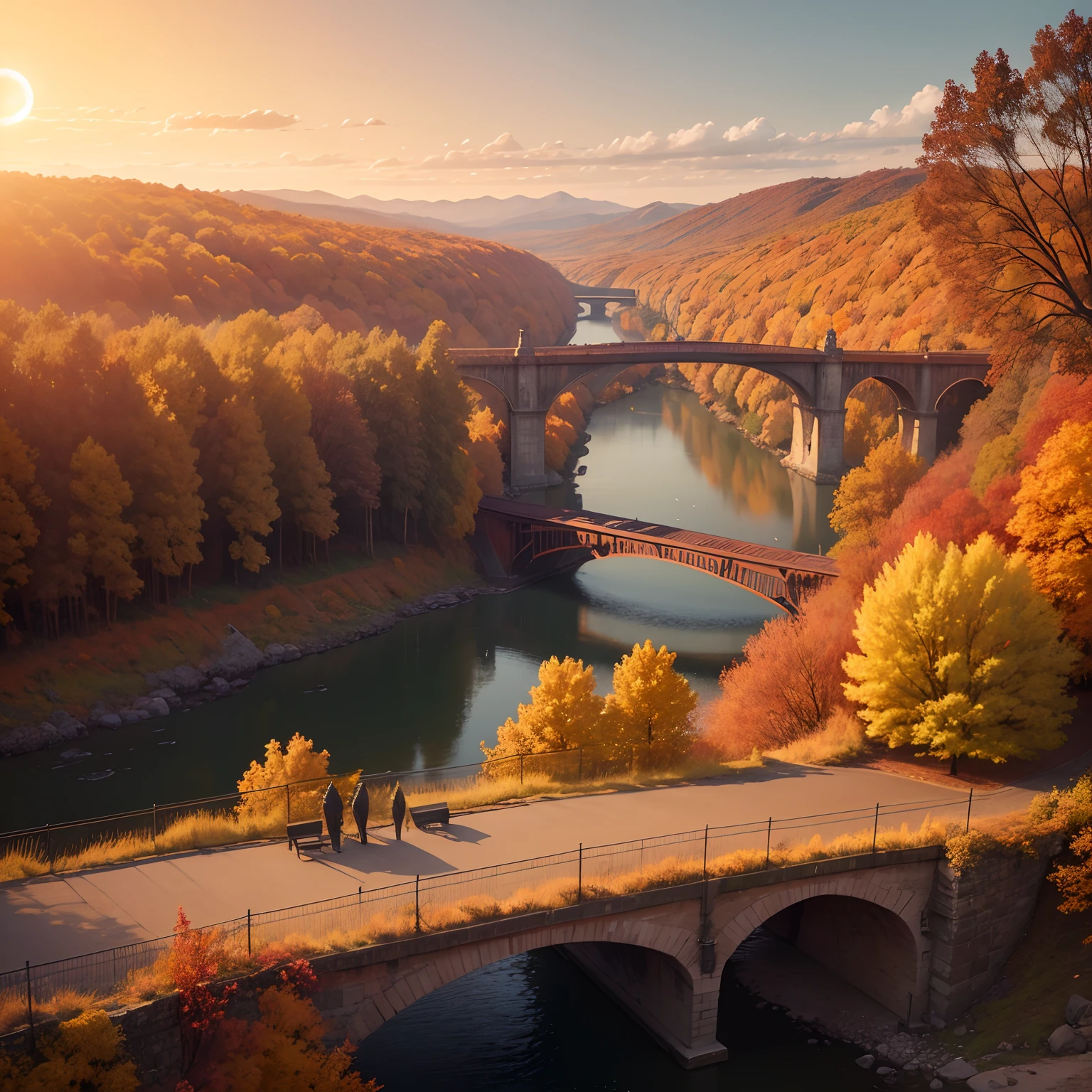 hyperrealistic image of a landscape in autumn, a bridge with iron railings, in the foreground, a sunset, trees with dry leaves falling, a path after the bridge to infinity with trees on both sides, yellow and reddish leaves, sensation of cold, 4k, clean, fantastic