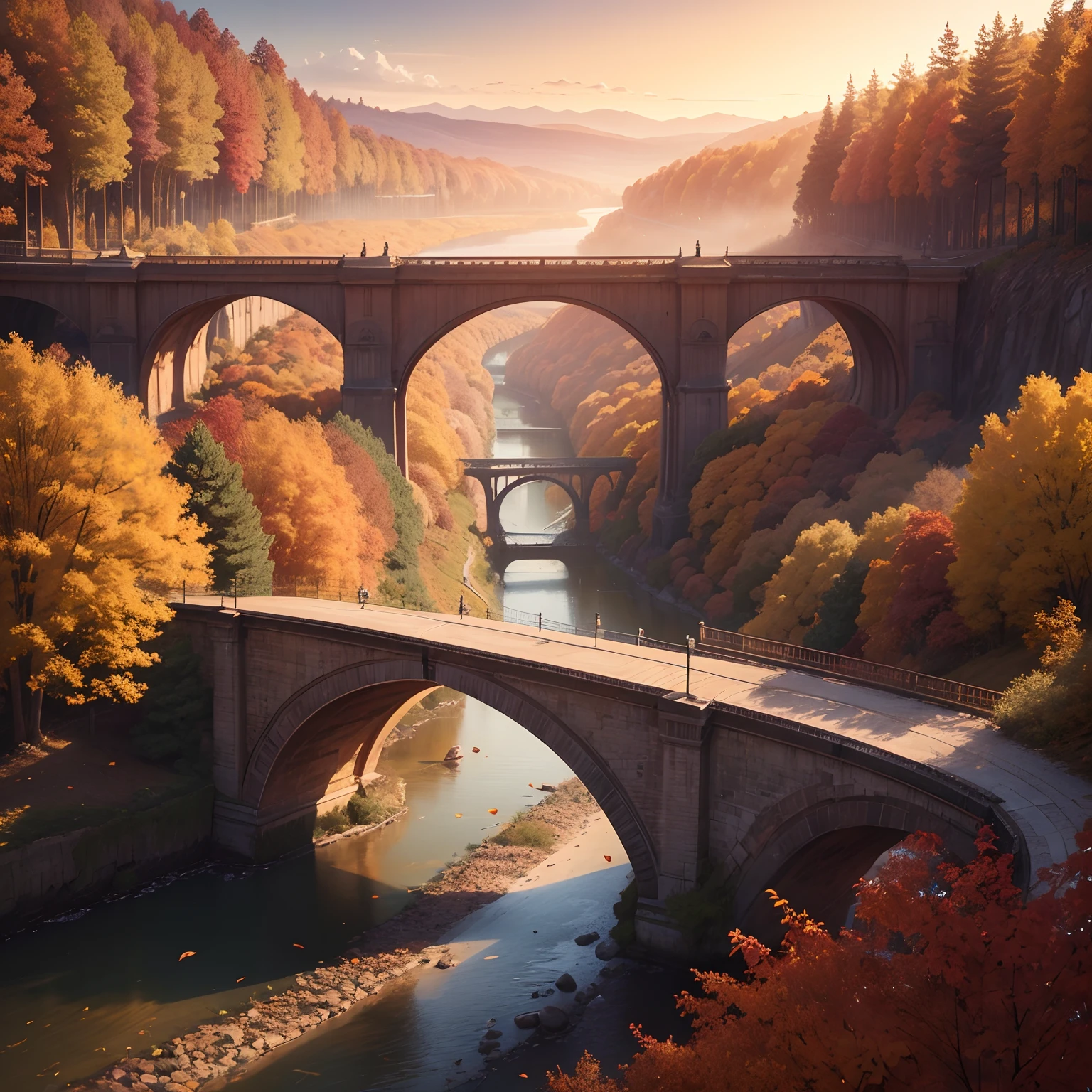 hyperrealistic image of a landscape in autumn, a bridge with iron railings, in the foreground, a sunset, trees with dry leaves falling, a path after the bridge to infinity with trees on both sides, yellow and reddish leaves, sensation of cold, 4k, clean, fantastic