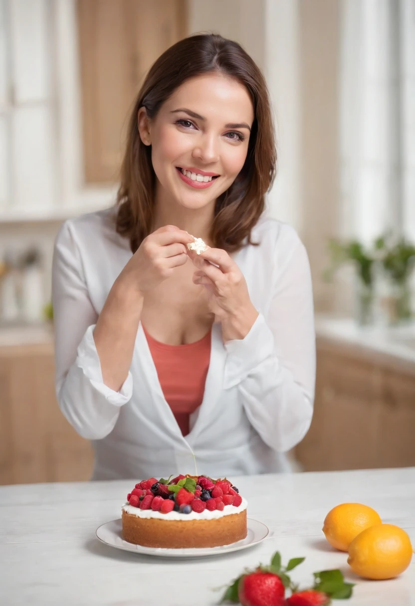 Certainly! Here's a prompt in English for creating an attractive image with the concept of "Losing Weight with Flavor and Health" using the image of a woman enjoying a piece of cake while still losing weight:

"Create a visually appealing image that conveys the message of 'Losing Weight with Flavor and Health.' The image should feature a simple, relatable scene of a woman enjoying a slice of cake. However, the focus should be on her joyful expression and the idea that she can savor her food while still achieving her weight loss goals. The background should include subtle hints of a healthy lifestyle, such as fresh fruits and vegetables. Use vibrant colors and lighting to make the image feel inviting and positive. This image should inspire viewers to believe that they can achieve their weight loss goals while enjoying delicious, wholesome food."