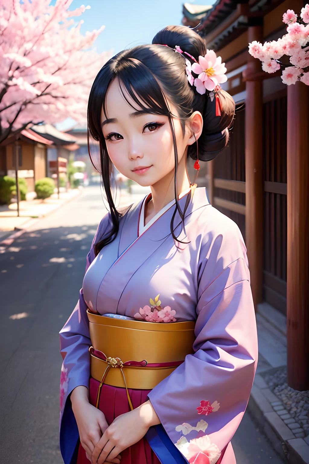 Masterpiece, Best quality, (((Realistic, Photorealistic:1.37)))), (1 person)), 8k, Very delicate and beautiful, Wonderful, Official art with attention to detail, Ridiculous, Incredibly ridiculous, Huge file size, Ultra detailed, Very detailed, (pretty girl), (Detailed girl), Very detailed eyes and face, Beautiful detailed eyes, Light makeup, (1 girl), (perfect female figure), (big), slim waist, (big ass), (Japan beauty), ((full body)), with bangs, feminine look, gentle smile, (furisode), (Japan kimono), (20years old), Japan garden,