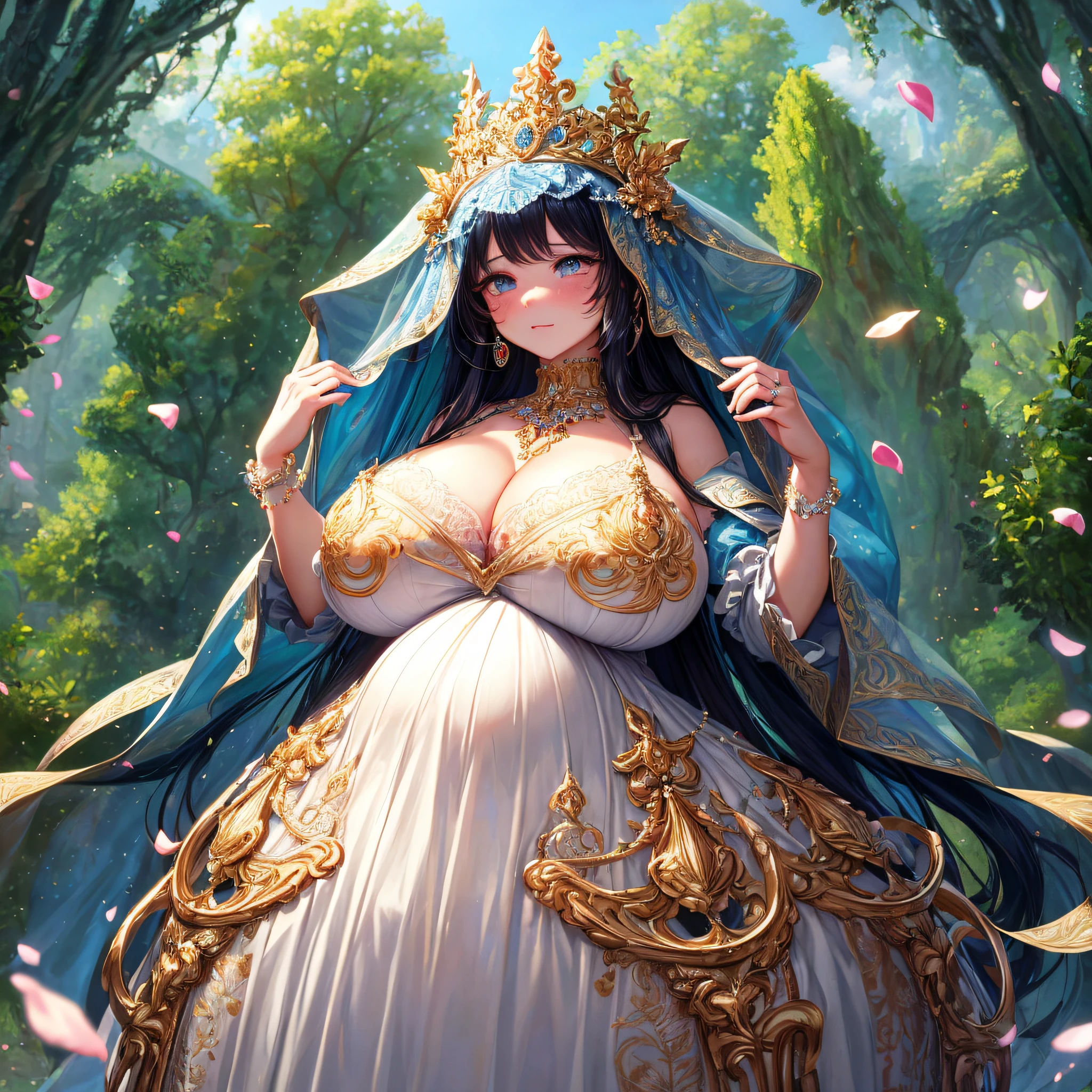 (masterpiece, best quality,extremely detailed:1.1),(moe anime art style:1.2),1girl,((full body,focus face)),((solo)), cute, kawaii,digital art,((1 bling-bling pregnant princess wearing beautiful embroidery and jeweled gorgeous rococo ballgown with jeweled voluminous full length hoop skirt)),(((heavily pregnant))),very big pregnant belly,((crinoline)),long train,voluminous frills,See-through,(gorgeous embroidery and beautiful lace),((very gigantic boobs,skindentation)),cleavage,shiny hair,(((very long hair,very long straight hair))),((embarrassed)),anguish,((finely detailed face and eyes)),clear pupil,extremely gorgeousfull hair ornament,(bling-bling jeweled extremely gorgeousfull tiara),(bling-bling gorgeous gemstone jewelry),long veil,(beautiful background),fantasy background,flowers,flower petals flowing,full body,((beautiful embroidery and jeweled ruffled gorgeous rococo ballgown with voluminous full length hoop skirt))