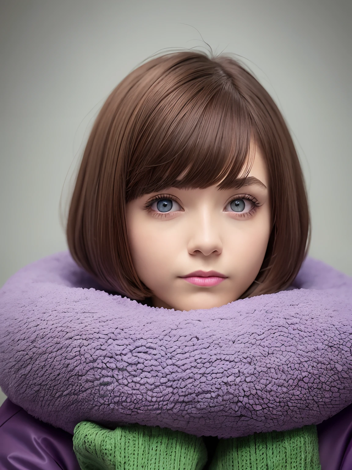 Girl, brown hair, bob haircut, with bangs, purple snow jacket with green sweater inside, hands crossed, slightly serious expression, big eyes, white gloves, blue eyes,