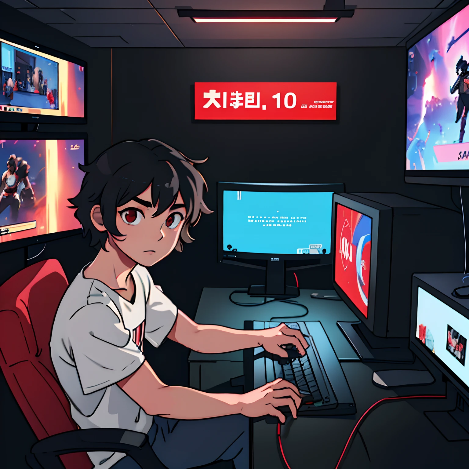 Best quality: 1.0), (Super High Resolution: 1.0), Anime boy, short black hair, red eyes, sitting in front of the computer playing games, background in the esports room,
