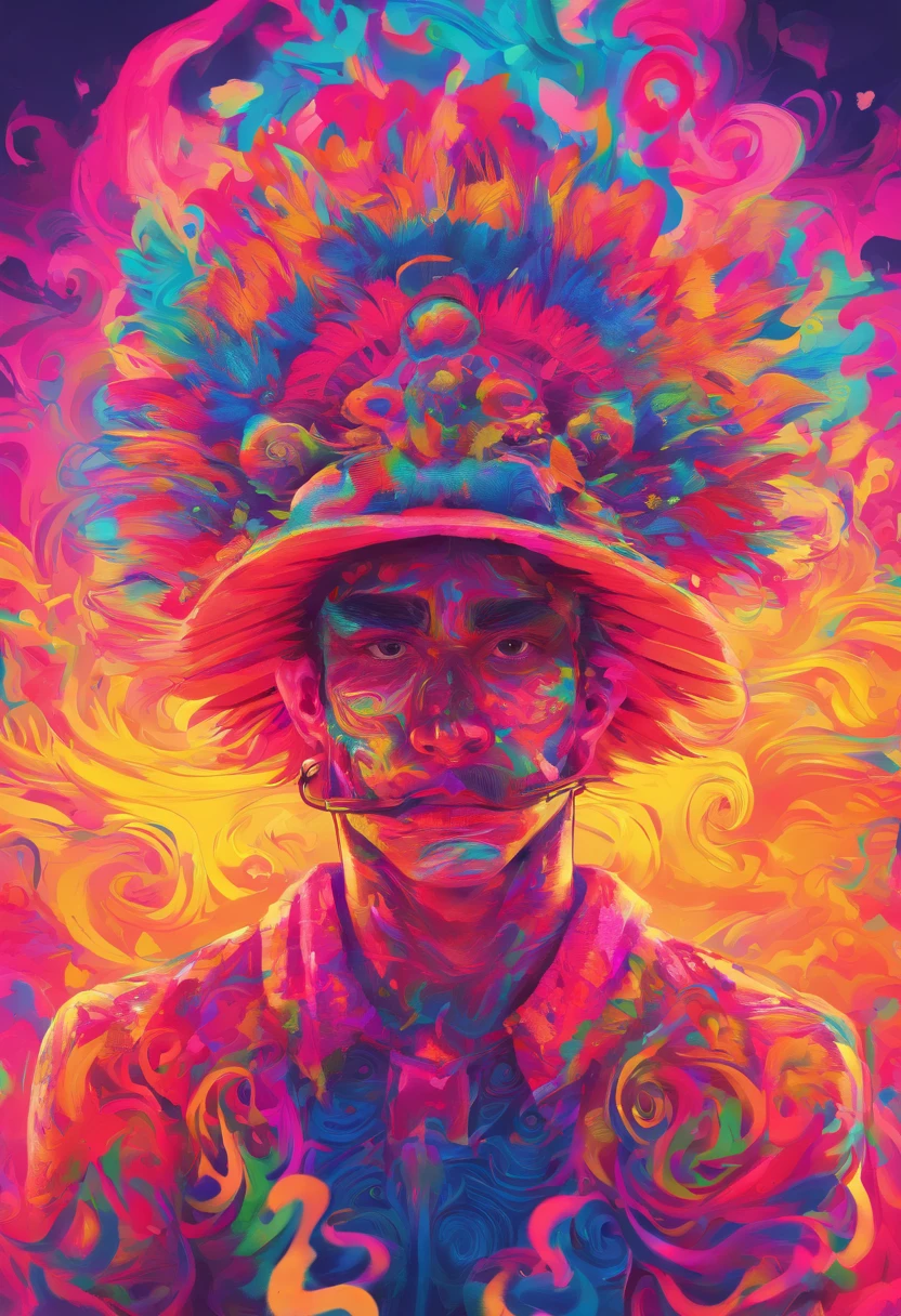 a man with a neon makeup and headdress , transgressive art, sharp focus, 8 k, octane render , saturated colors, pastel colors, raw, resemblance of “Luffy” from One Piece Animation