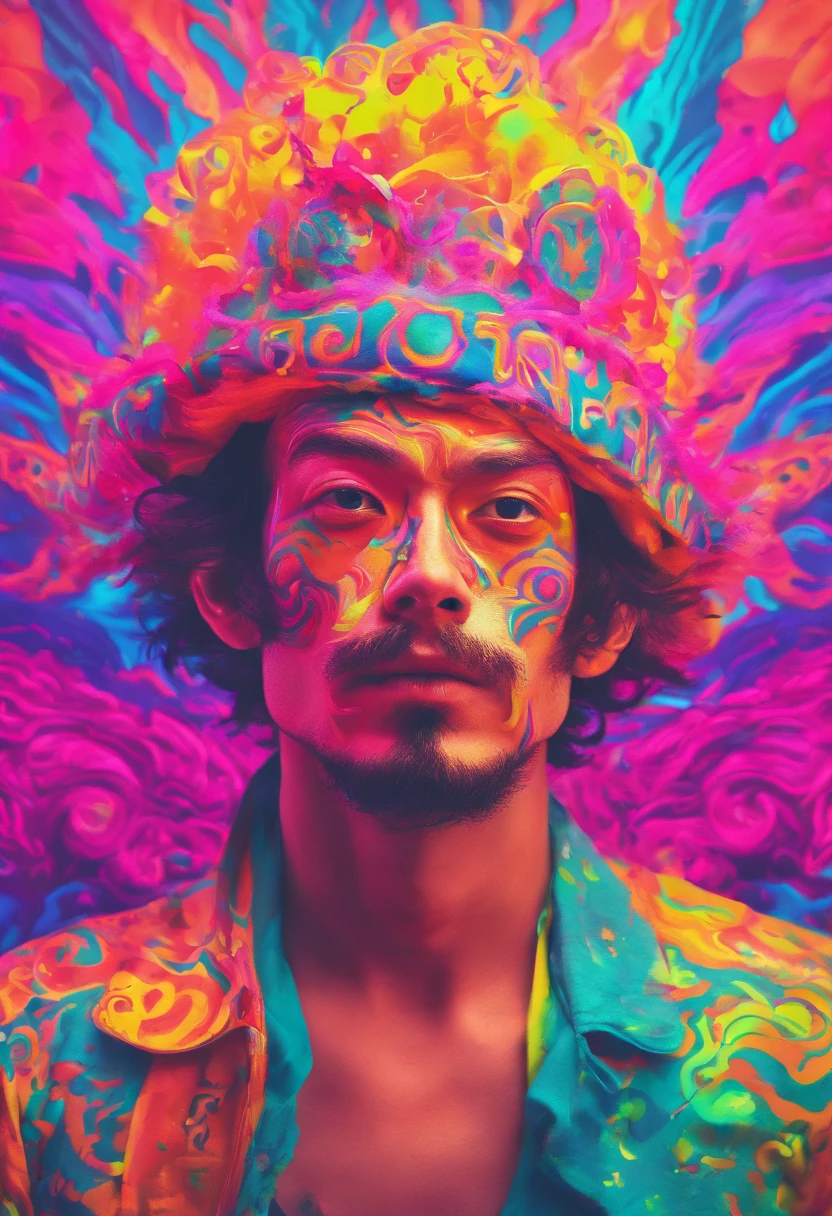 a man with a neon makeup and headdress , transgressive art, sharp focus, 8 k, octane render , saturated colors, pastel colors, raw, resemblance of “Luffy” from One Piece Animation