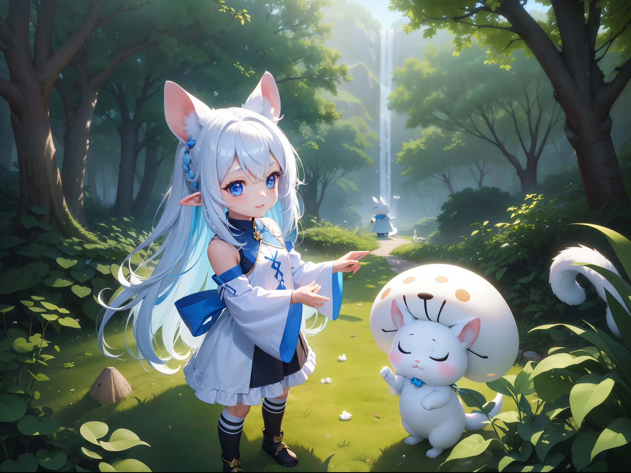 In the forest、There is a small white rabbit with long ears, White long ears、I'm with a girl with a long blue hair chibi character。It is a cute costume in white and blue。Dark eyes。cute forest creature, Cute mushrooms also grow、Adorable Digital Painting, cute detailed digital art, the squirrel king, Cute digital art, cute cartoon characters, cute character, CuteCreatures, Cutie, official illustrations, Official art, squirrel, maplestory mouse, astri lohne, cute 3d render