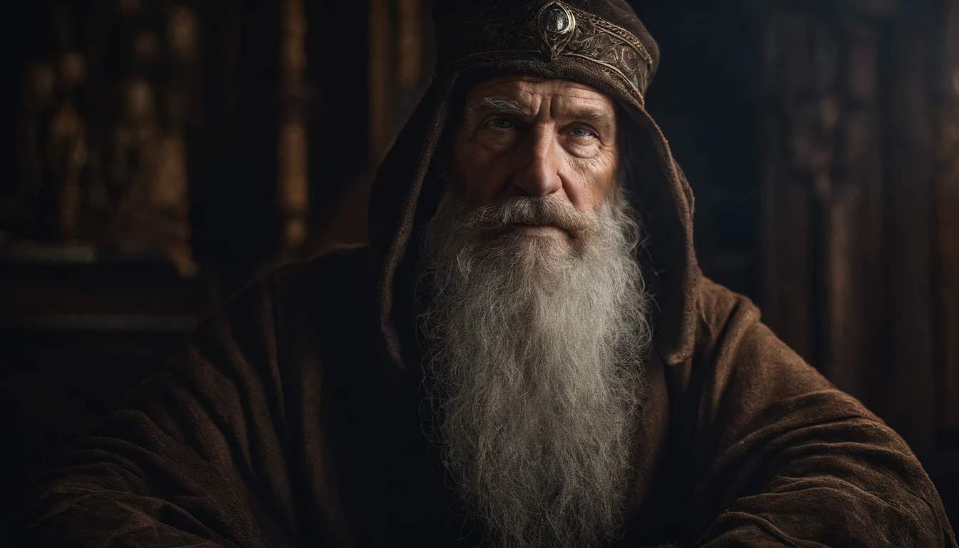 A portrait of a wizard, bearded, wrinkled, weathered, with piercing eyes, detailed face, high details, photography, dark studio, rim light, Nikon D850, 50mm, f/1.4