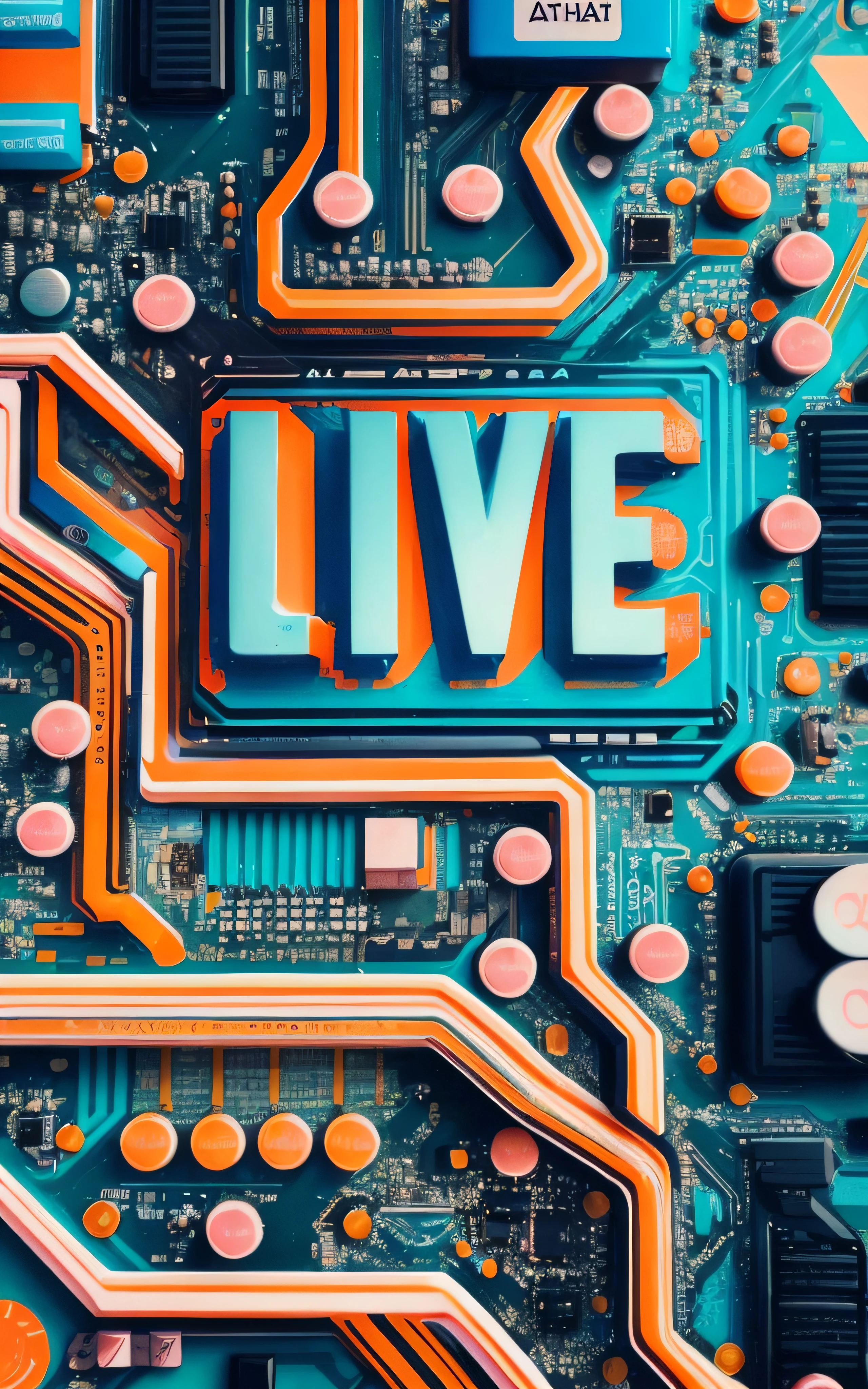 a closeup of a computer motherboard with the word live written on it, viver, Symbols of living, Videoclipe do Festival 3HR ao vivo, Live2D, livestream, cores vivas, arte digital hiper detalhada, Imagens ao vivo, arte digital ultra-detalhada, arte digital ultra detalhada, arte digital ultradetalhada, bipe. hiper-realismo, detailed digital illustration