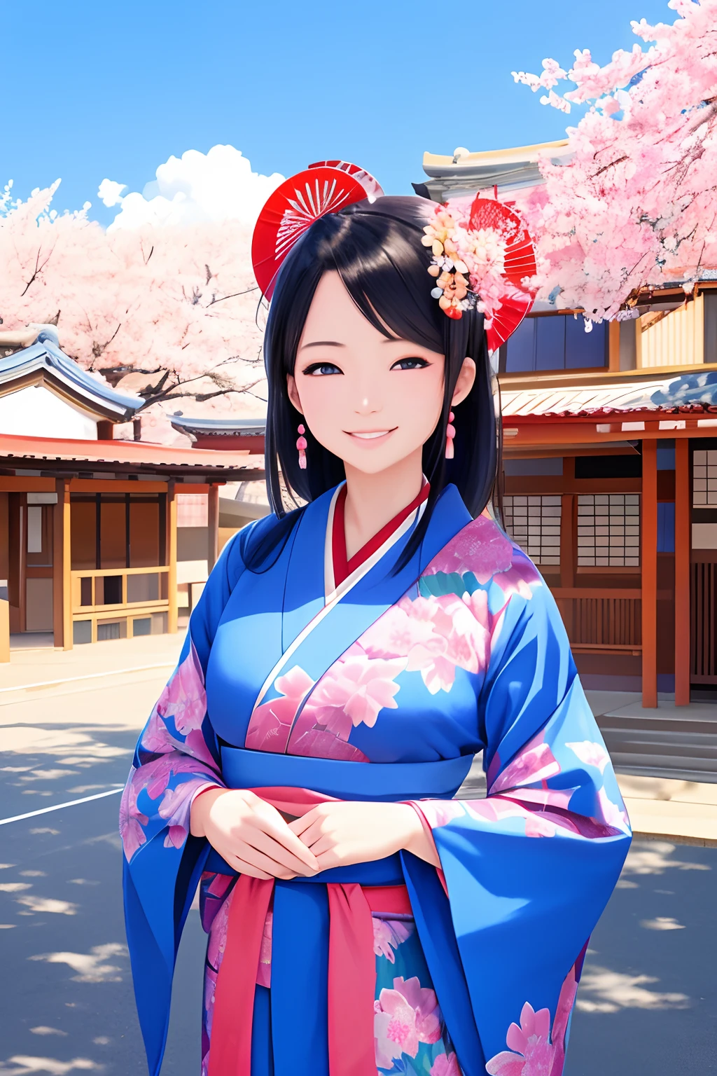 beautiful japanese woman,standing on a corner,winslow arizona,portrait,vibrant colors,traditional kimono,vibrant blue sky,sunny day,sakura blossoms,lovely smile,detailed facial features,peaceful atmosphere,geisha fan,traditional hairstyle,polished appearance,japanese makeup,cultural fusion,serene expression,captivating beauty,graceful posture,beaming eyes