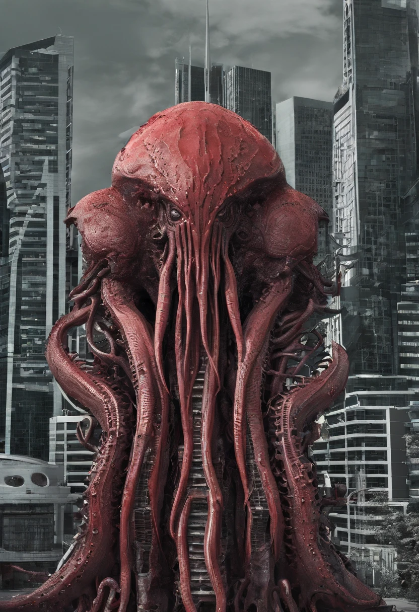 (((Cthulhu Mythos))),((Blood,Bloody)),Best quality, Masterpiece, A high resolution,extremely detailed CG wallpaper,Modern City,More details,(Stand on a tall building),(Black tentacles),(blood vess),kesulu