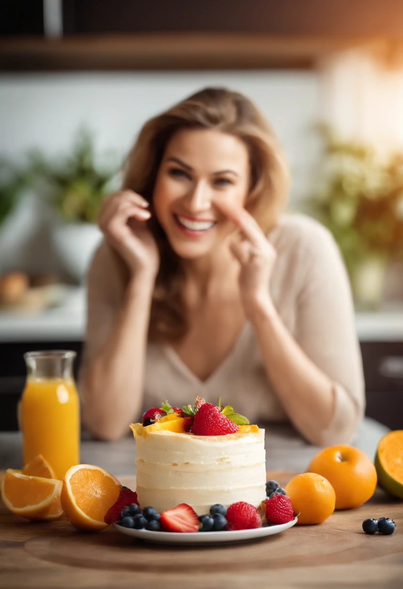 Certainly! Here's a prompt in English for creating an attractive image with the concept of "Losing Weight with Flavor and Health" using the image of a woman enjoying a piece of cake while still losing weight:
"Create a visually appealing image that conveys the message of 'Losing Weight with Flavor and Health.' The image should feature a simple, relatable scene of a woman enjoying a slice of cake. However, the focus should be on her joyful expression and the idea that she can savor her food while still achieving her weight loss goals. The background should include subtle hints of a healthy lifestyle, such as fresh fruits and vegetables. Use vibrant colors and lighting to make the image feel inviting and positive. This image should inspire viewers to believe that they can achieve their weight loss goals while enjoying delicious, wholesome food."
Feel free to use this prompt as a guideline for creating your image or providing instructions to a graphic designer.