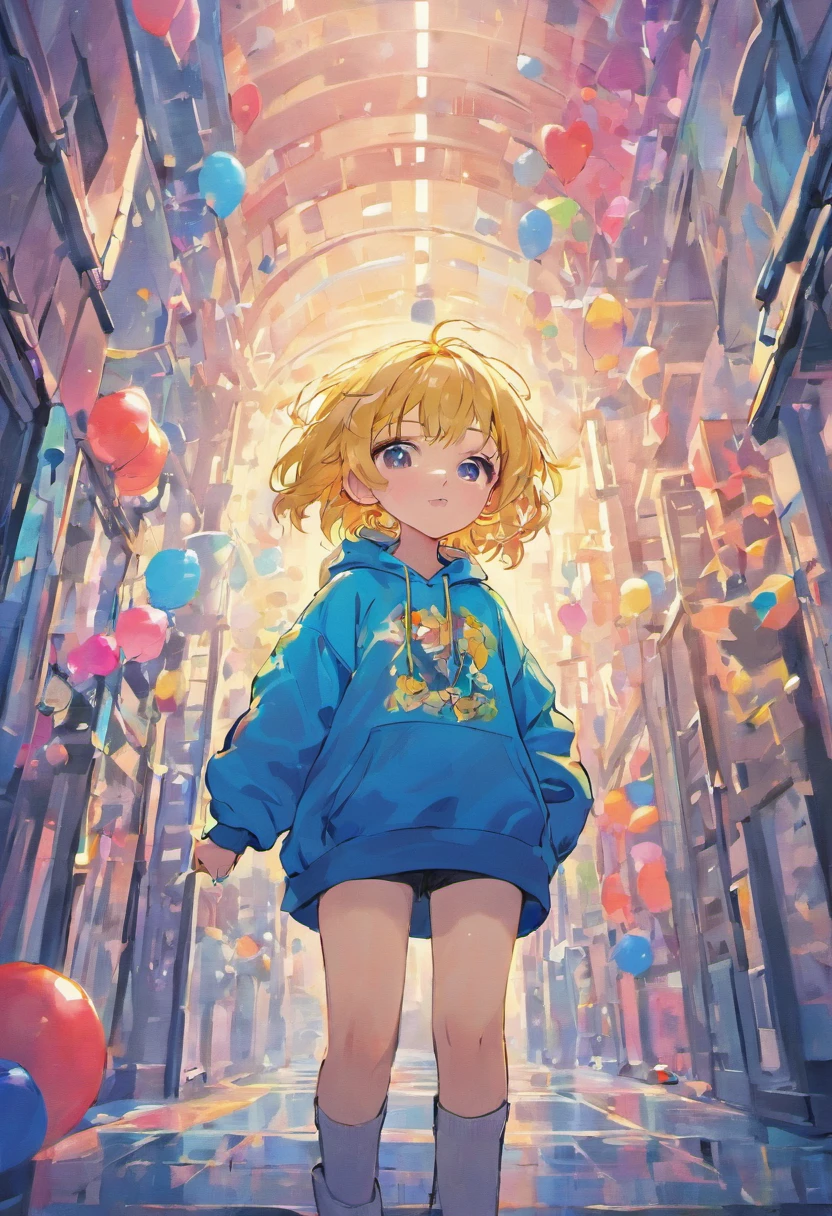 boy, Beautiful and cute, Wearing blue sunglasses, Yellow jacket, White sweatshirt, Lots of colorful balloons, Baby face, chibiStyle, red and blue two-color hair, perfect detail eyes, Delicate face, perfectcg, high-definition picture quality, Colorful balloons, sky, a white truck parked in front of a building,