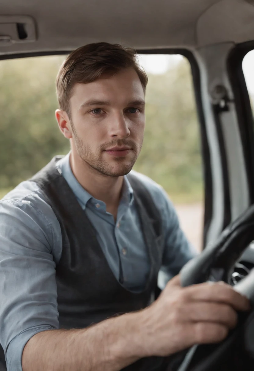 Create an image of a Inside a Mercedes Vito we see its driver, a 30-year-old European man wearing work clothes, he is driving to deliver door-to-door orders Image must be in 8K UHD resolution, photo inside off the van from driver site taken with a Fujifilm XT3 camera.