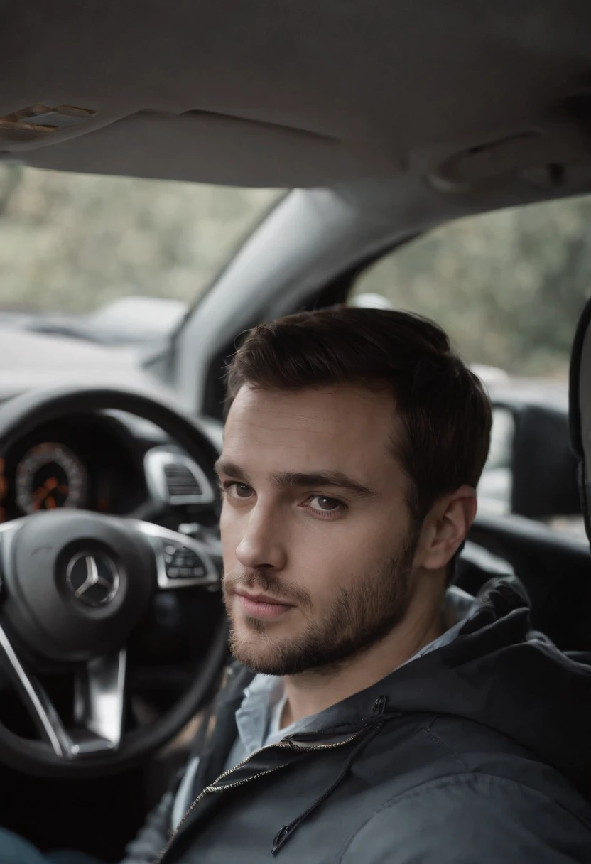 Create an image of a Inside a Mercedes Vito we see its driver, a 30-year-old European man wearing work clothes, he is driving to deliver door-to-door orders Image must be in 8K UHD resolution, photo inside off the van from driver site taken with a Fujifilm XT3 camera.