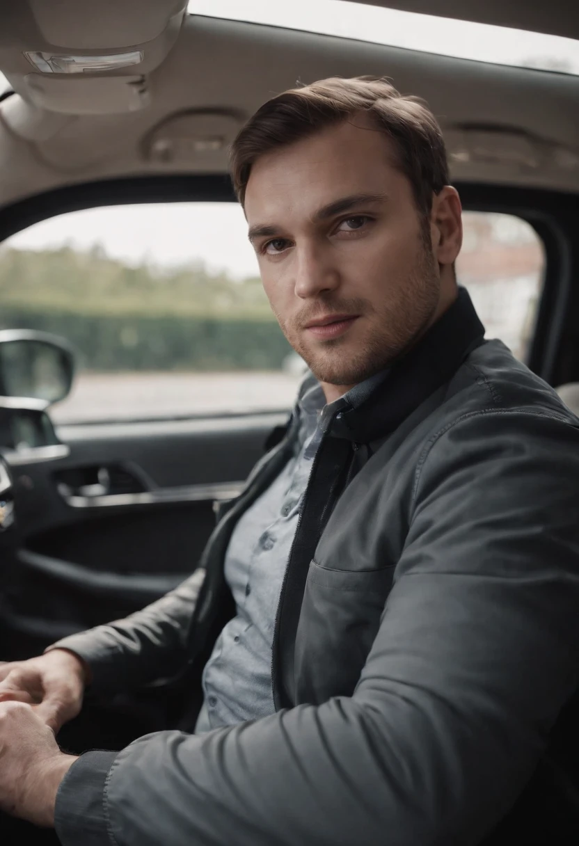 Create an image of a Inside a Mercedes Vito we see its driver, a 30-year-old European man wearing work clothes, he is driving to deliver door-to-door orders Image must be in 8K UHD resolution, photo inside off the van from driver site taken with a Fujifilm XT3 camera.
