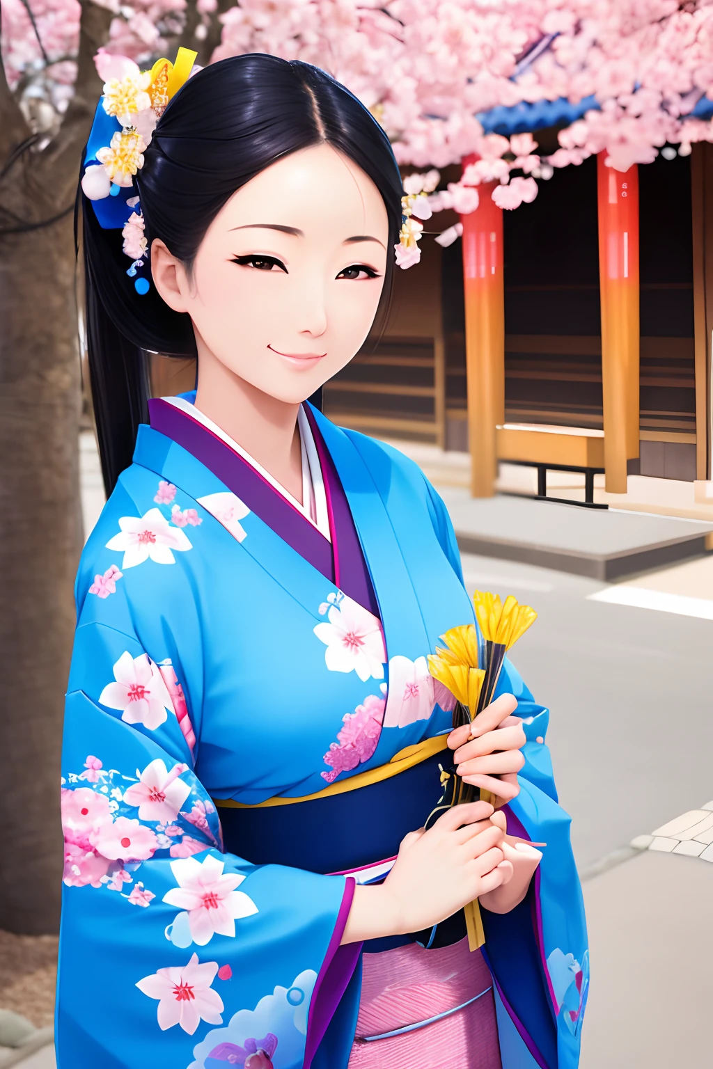 beautiful japanese woman,standing on a corner,winslow arizona,portrait,vibrant colors,traditional kimono,vibrant blue sky,sunny day,sakura blossoms,lovely smile,detailed facial features,peaceful atmosphere,geisha fan,traditional hairstyle,polished appearance,japanese makeup,cultural fusion,serene expression,captivating beauty,graceful posture,beaming eyes