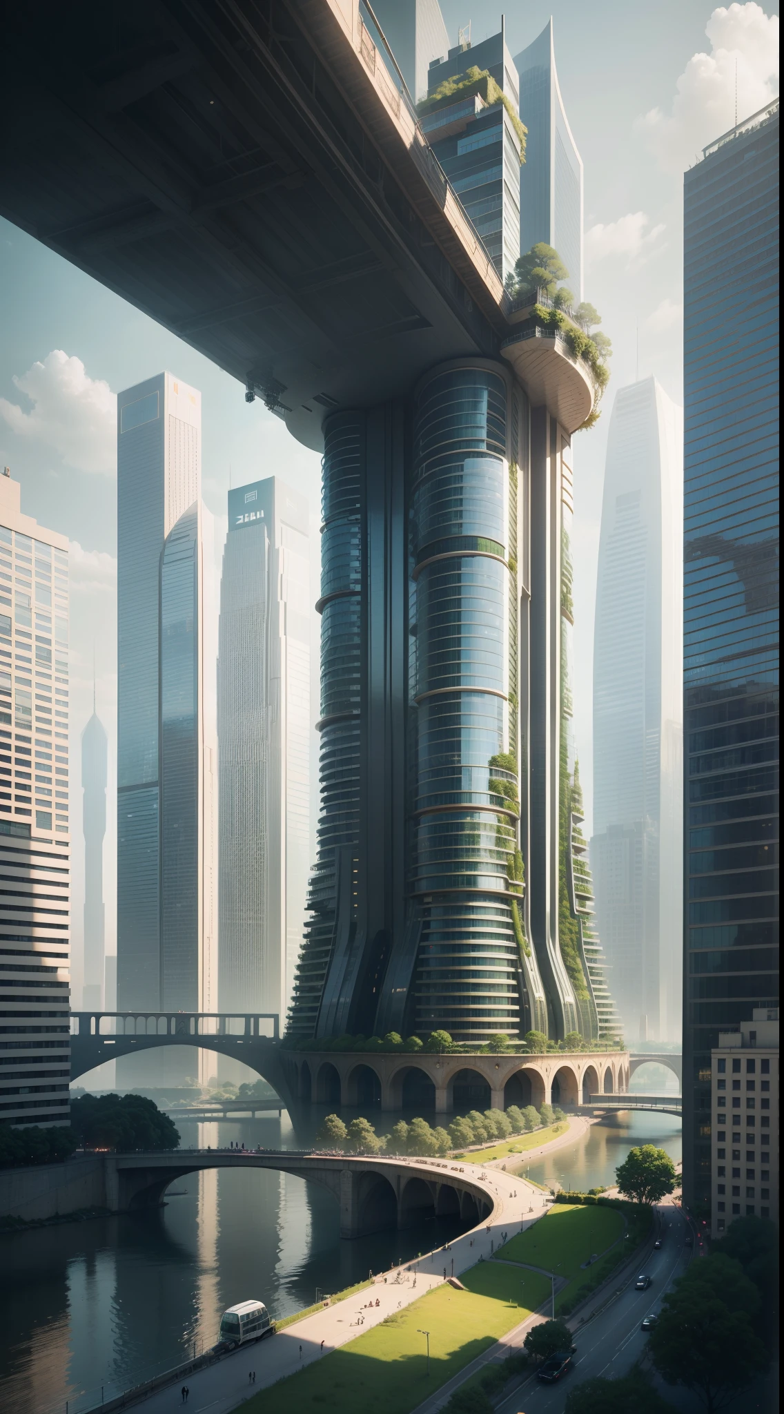 arafed view of a city with a bridge and a river, by Zha Shibiao, inspired by Zha Shibiao, landscape of a future city, inspired by Cheng Jiasui, beeple rendering, city of the future, with tall glass skyscrapers and megastructures, beautiful city of the future, skyscrapers with greenery.