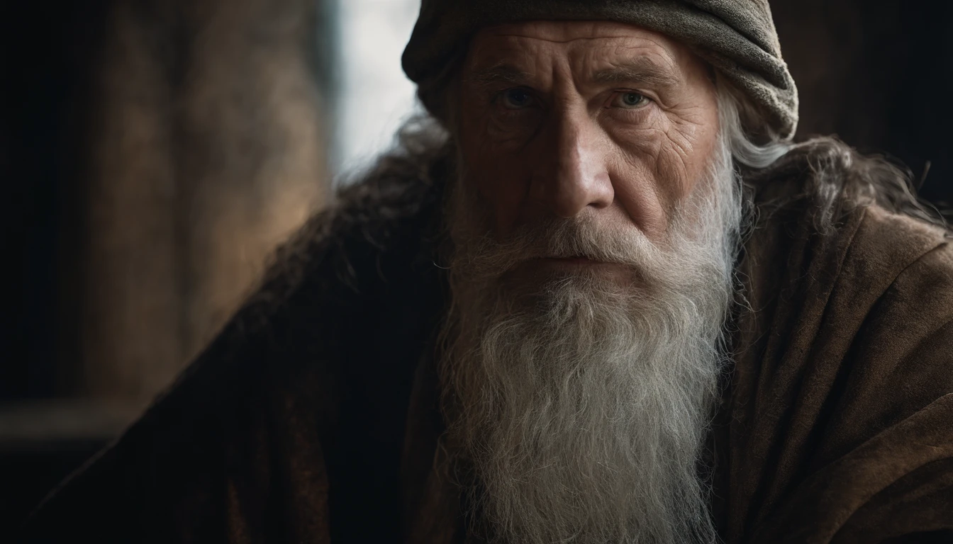 A portrait of a wizard, bearded, wrinkled, weathered, with piercing eyes, detailed face, high details, photography, dark studio, rim light, Nikon D850, 50mm, f/1.4