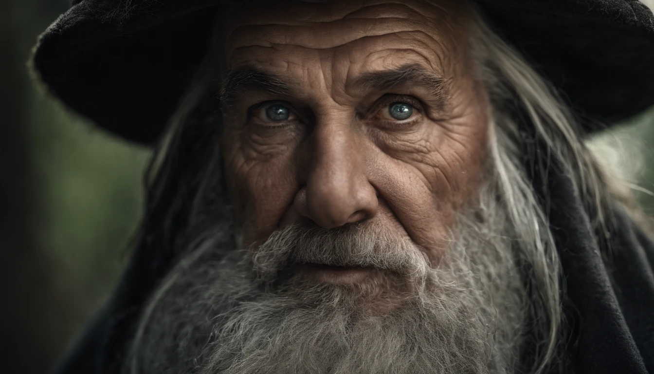 A portrait of a wizard, bearded, wrinkled, weathered, with piercing eyes, detailed face, high details, photography, dark studio, rim light, Nikon D850, 50mm, f/1.4