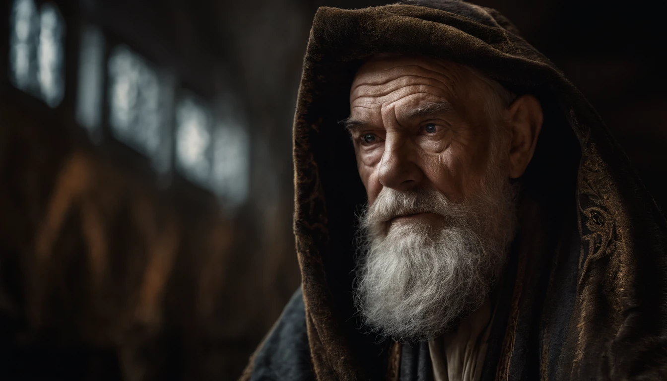 A portrait of a wizard, bearded, wrinkled, weathered, with piercing eyes, detailed face, high details, photography, dark studio, rim light, Nikon D850, 50mm, f/1.4