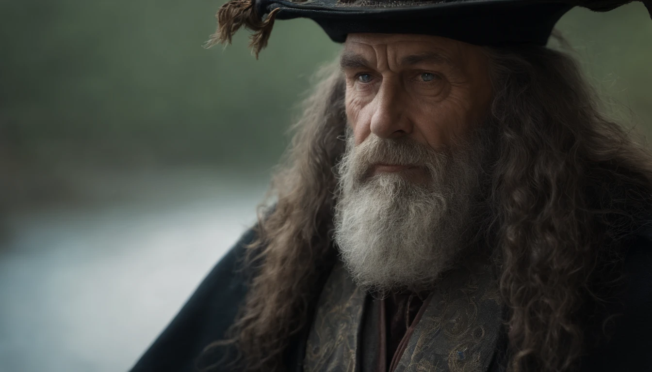 A portrait of a wizard, bearded, wrinkled, weathered, with piercing eyes, detailed face, high details, photography, dark studio, rim light, Nikon D850, 50mm, f/1.4