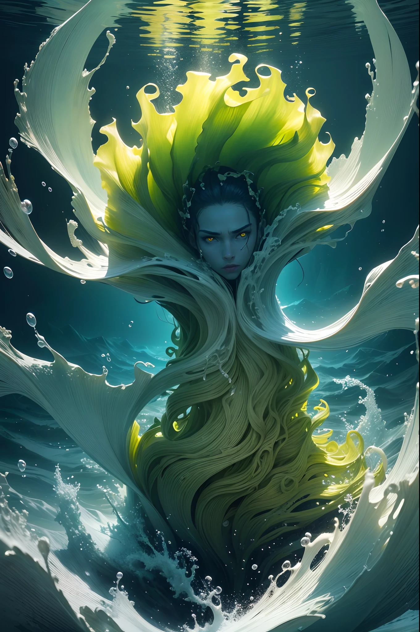 underwater,drowning diver,tentacle,in the distance neon yellow eyes,(best quality,4k,8k,highres,masterpiece:1.2),ultra-detailed,(realistic,photorealistic,photo-realistic:1.37),dark and mysterious,deep blue,submerged,soft and diffused lighting,ominous atmosphere,rippling water,limited visibility,thrilling scene,ominous shadows,creepy textures,organic forms,aquatic life,seaweed tendrils,dramatic composition,wide-angle view,dynamic movement,vibrant colors,unpredictable motion,intense emotions,adrenaline rush