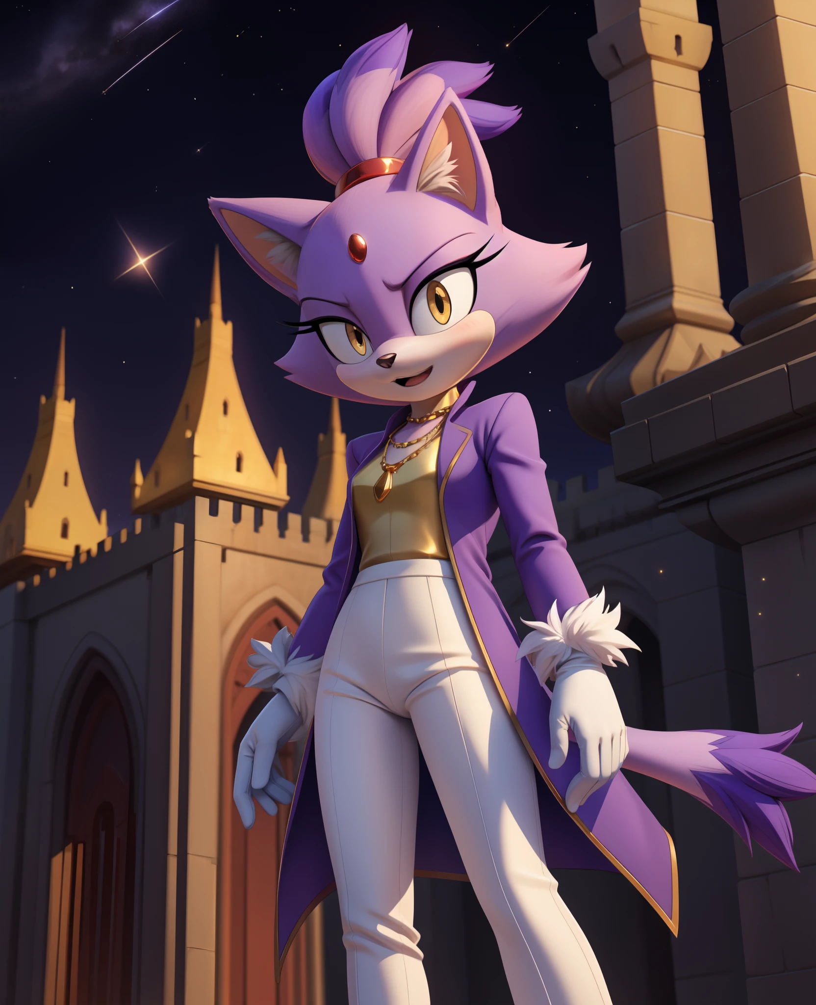 masterpiece, best quality, highres, Blaze The Cat,  1girl, gold necklace, white jumpsuit, animal_ears, closed_mouth, red forehead_jewel, fur-trimmed_gloves, fur_trim, furry, furry_female, gloves, long_sleeves, purple_coat, purple_hair, solo, standing, tied_hair, topknot, white_gloves, white_pants, yellow_eyes, tail, photo background,  night sky, castle, solo, shooting star, star \(sky\), perfect hands, perfect anatomy