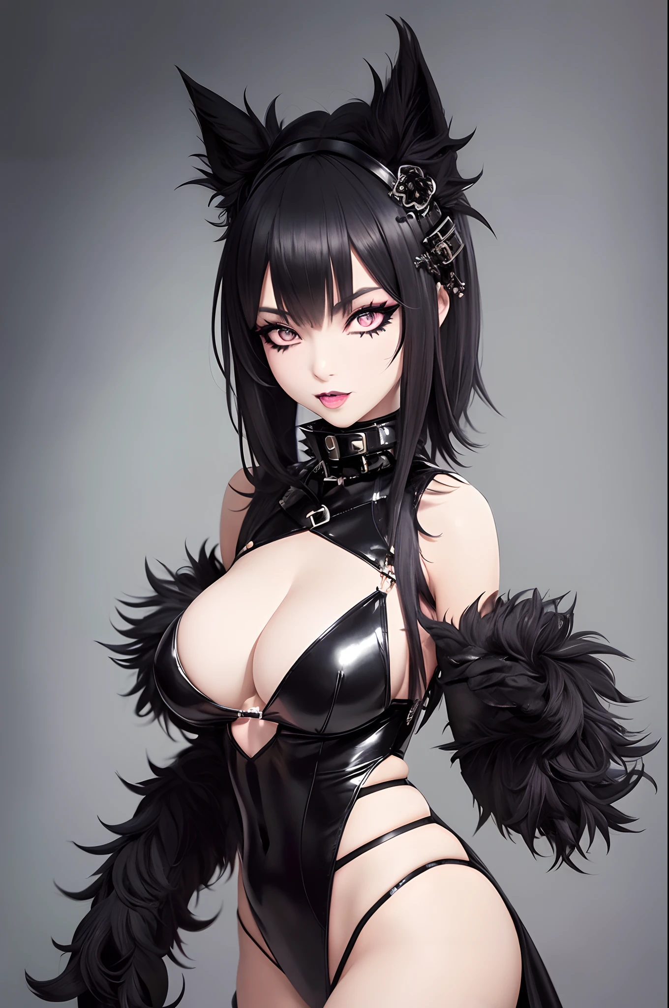 (Furry goth girl) with a seductive gaze, showcasing intricate fur patterns on her face and captivating eyes, smooth legs, high heels. She confidently wears a spiked collar and embraces her dominatrix persona in a revealing cosplay outfit, exposed cleavage exposed navel. Ear piercings complement her overall daring look.