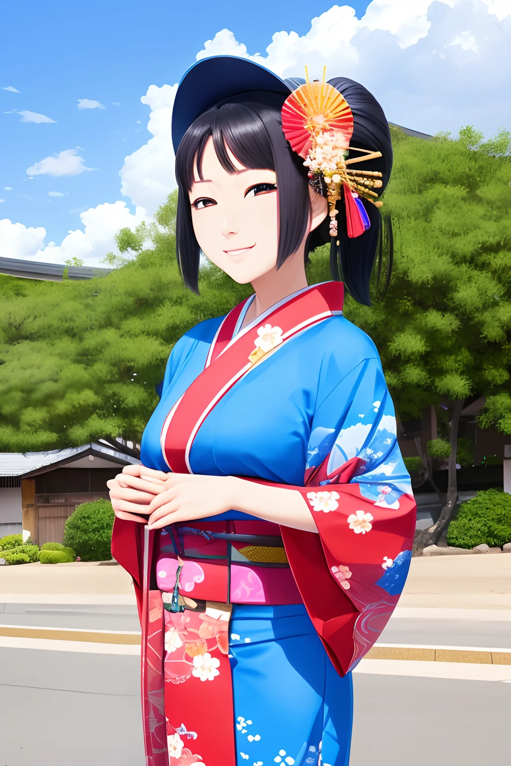 beautiful japanese woman,standing on a corner,winslow arizona,portrait,vibrant colors,traditional kimono,vibrant blue sky,sunny day,lovely smile,detailed facial features,peaceful atmosphere,geisha fan,traditional hairstyle,polished appearance,japanese makeup,cultural fusion,serene expression,captivating beauty,graceful posture,beaming eyes