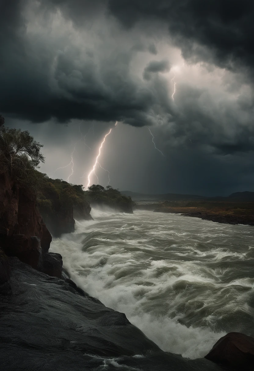 color photo of "a biblical deluge, seen from the perspective of a giant. The water is rapidly rising, and the giants are in panic, screaming and crying. They are being swept away by the current."
"a black and turbulent water, filled with debris."
"a dark and stormy sky, with lightning and thunder."
—c 10 —ar 2:3