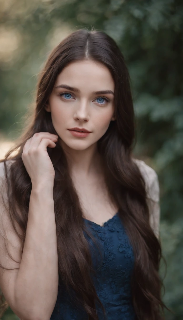 a medium-shot of a super beautiful girl around 23 yo with amazing blue eyes and dark long hair.