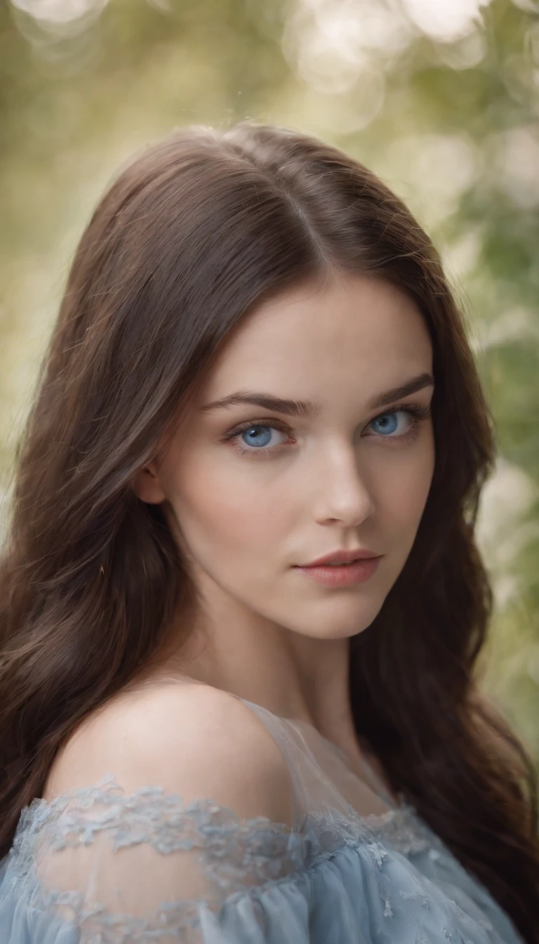 a medium-shot of a super beautiful girl around 23 yo with amazing blue eyes and dark long hair.