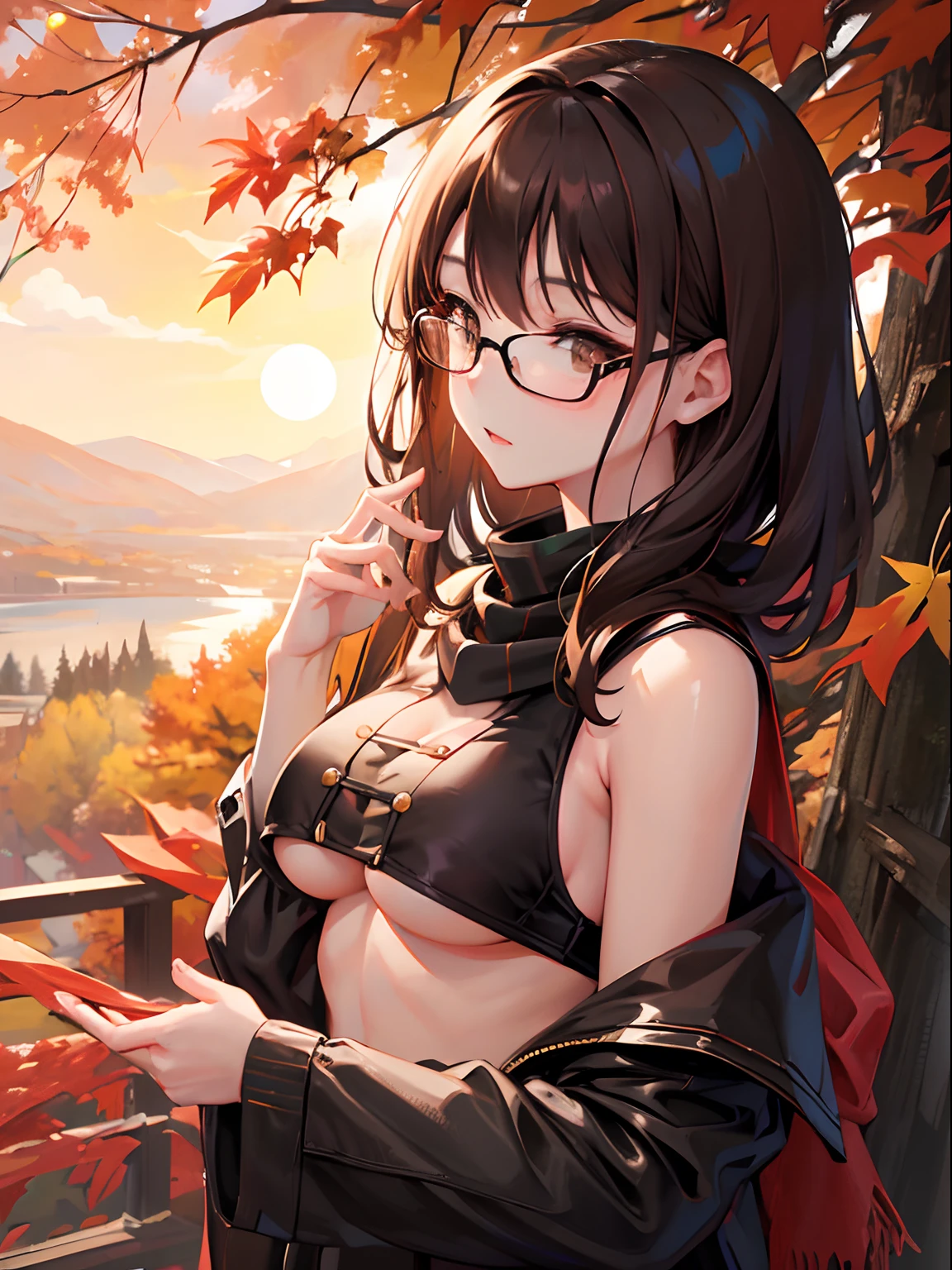 1人の女性、brown haired、Brown eyes、Black-rimmed glasses、 Best Quality、ultra-detailliert、8K resolution、Raw photo、masutepiece、seductive boobs、gorgeous faces、Perfect body、Autumn landscape