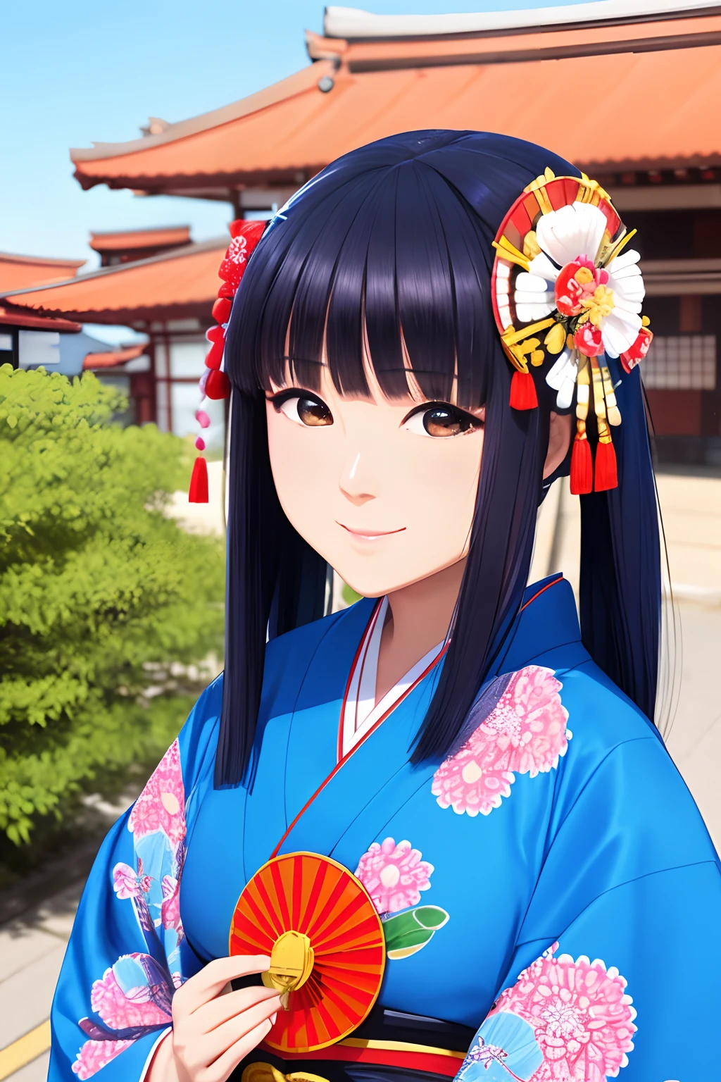 beautiful japanese woman,standing on a corner,winslow arizona,portrait,vibrant colors,traditional kimono,vibrant blue sky,sunny day,lovely smile,detailed facial features,peaceful atmosphere,geisha fan,traditional hairstyle,polished appearance,japanese makeup,cultural fusion,serene expression,captivating beauty,graceful posture,beaming eyes