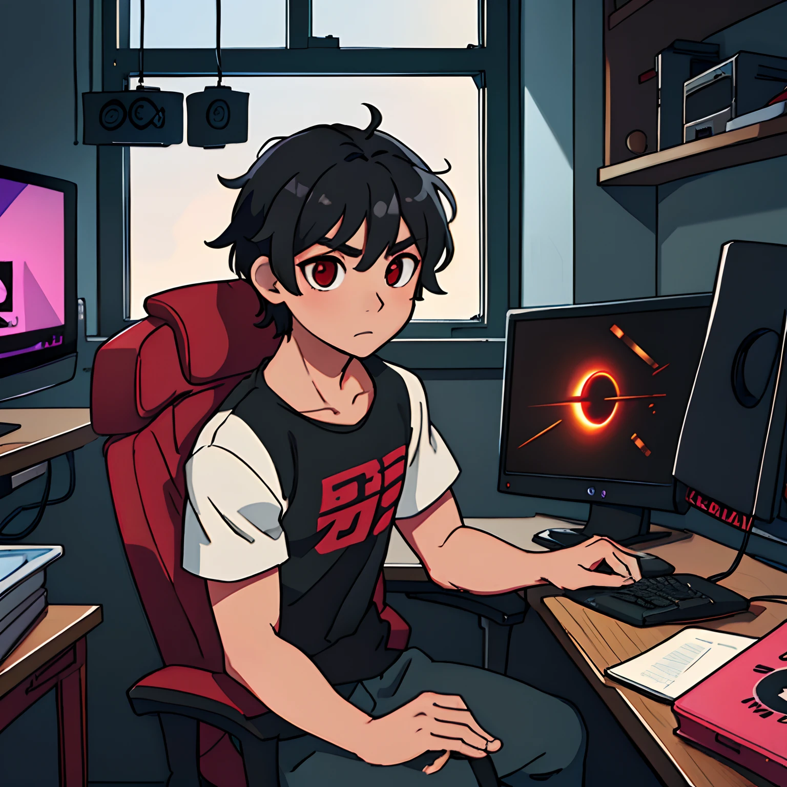 Best quality: 1.0), (Super High Resolution: 1.0), Anime boy, short black hair, red eyes, sitting in front of the computer playing games, background in the esports room,