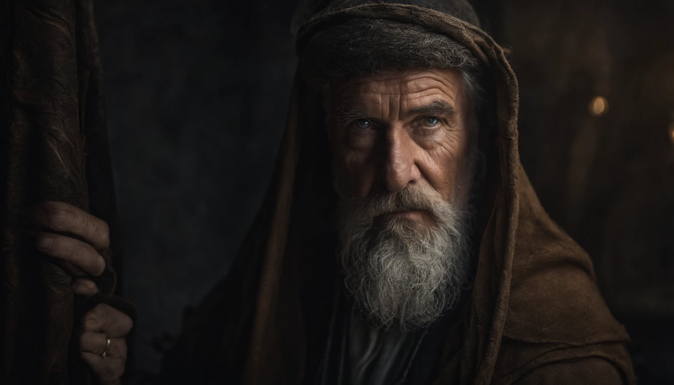 A portrait of a wizard, bearded, wrinkled, weathered, with piercing eyes, detailed face, high details, photography, dark studio, rim light, Nikon D850, 50mm, f/1.4