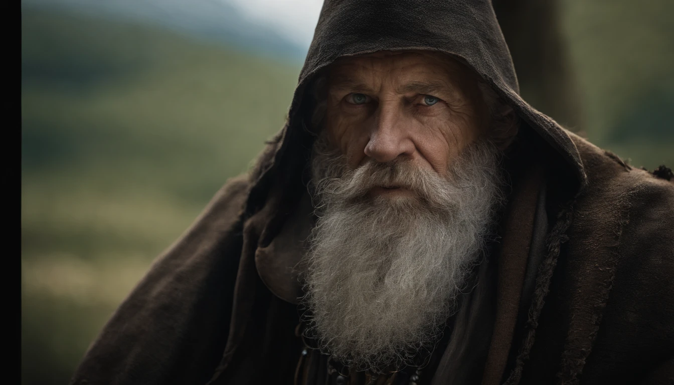 A portrait of a wizard, bearded, wrinkled, weathered, with piercing eyes, detailed face, high details, photography, dark studio, rim light, Nikon D850, 50mm, f/1.4