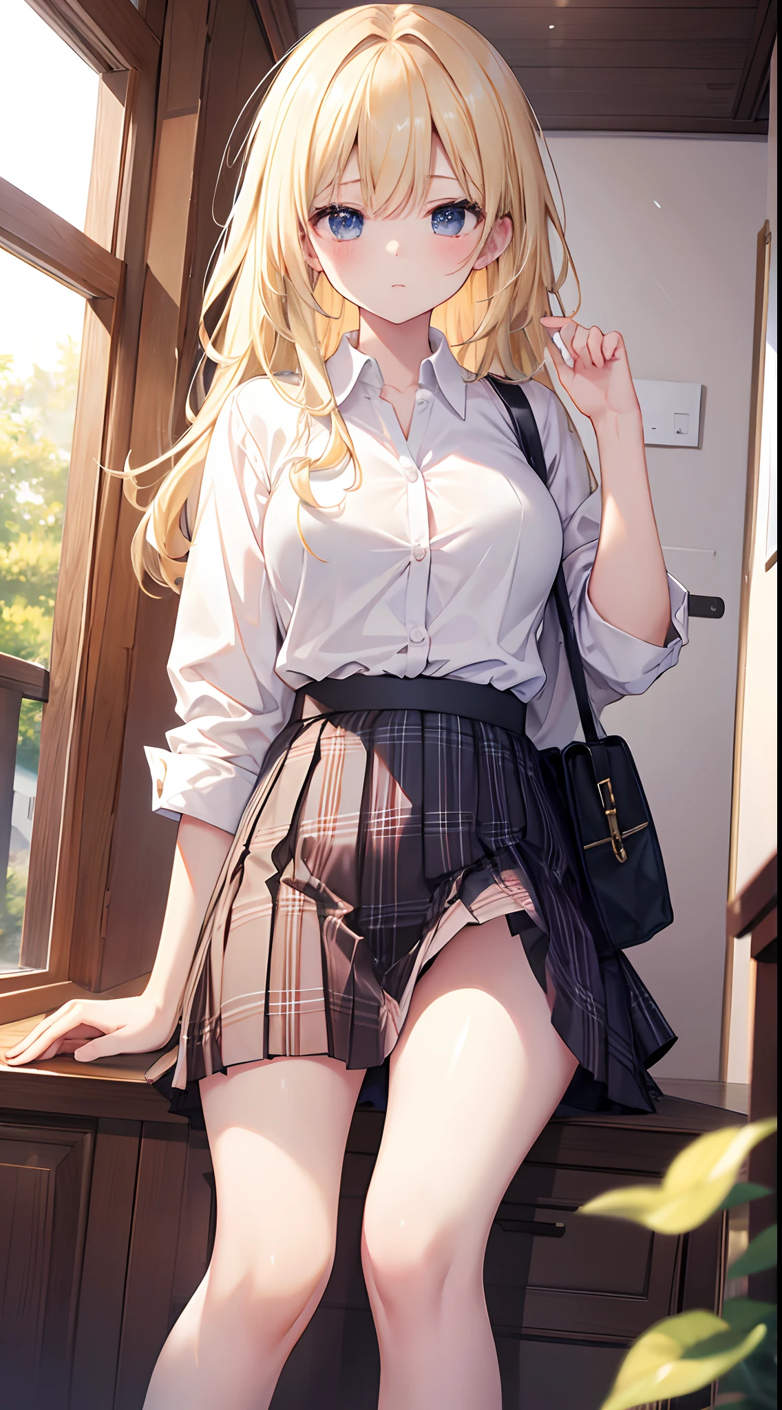 ​masterpiece, top-quality, hight resolution, sa1, blonde  hair,  校服, white  shirt, skirt by the, Plaid skirt, open-shirt, bra very,