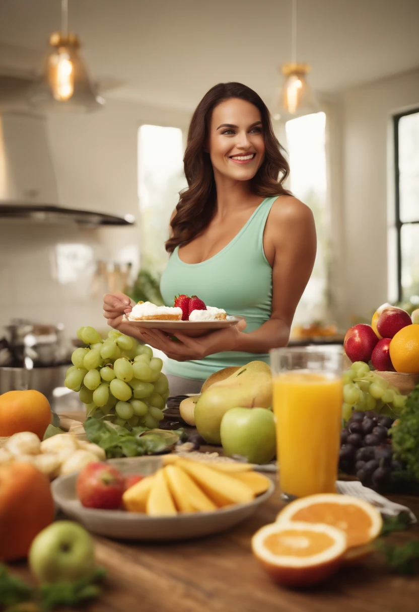 European woman，Bright kitchen，Lots of fruits and vegetables , back pose , naked  , Sarilan is fat for height