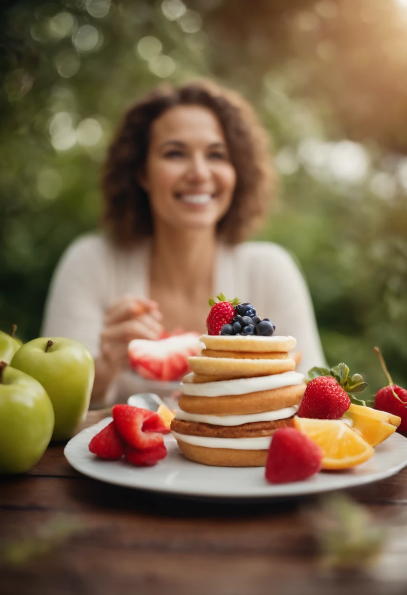 "Create a captivating image that encapsulates the concept of 'Losing Weight with Flavor and Health.' The central focus should be a pretty woman who appears joyful and satisfied while eating a piece of cake. She should radiate health and confidence. Surround her with subtle visual cues of well-being, such as vibrant fruits and vegetables in the background, a pair of running shoes nearby, and perhaps a measuring tape symbolically showing inches lost. The message should convey that it's possible to enjoy delicious treats while making healthy choices and achieving weight loss goals. The image should be vibrant, positive, and inspiring, encouraging viewers to embrace a balanced and enjoyable approach to their fitness journey."