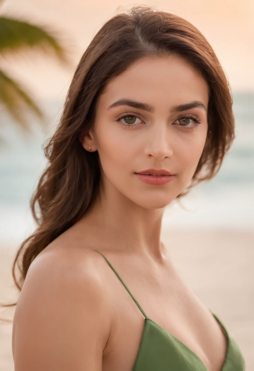 Girl standing on the beach, Realistic portrait, sorrindo feliz, parte superior do corpo, 50 millimeters, canon, no watermark, strong expression, altamente realista, Estilo Natural
