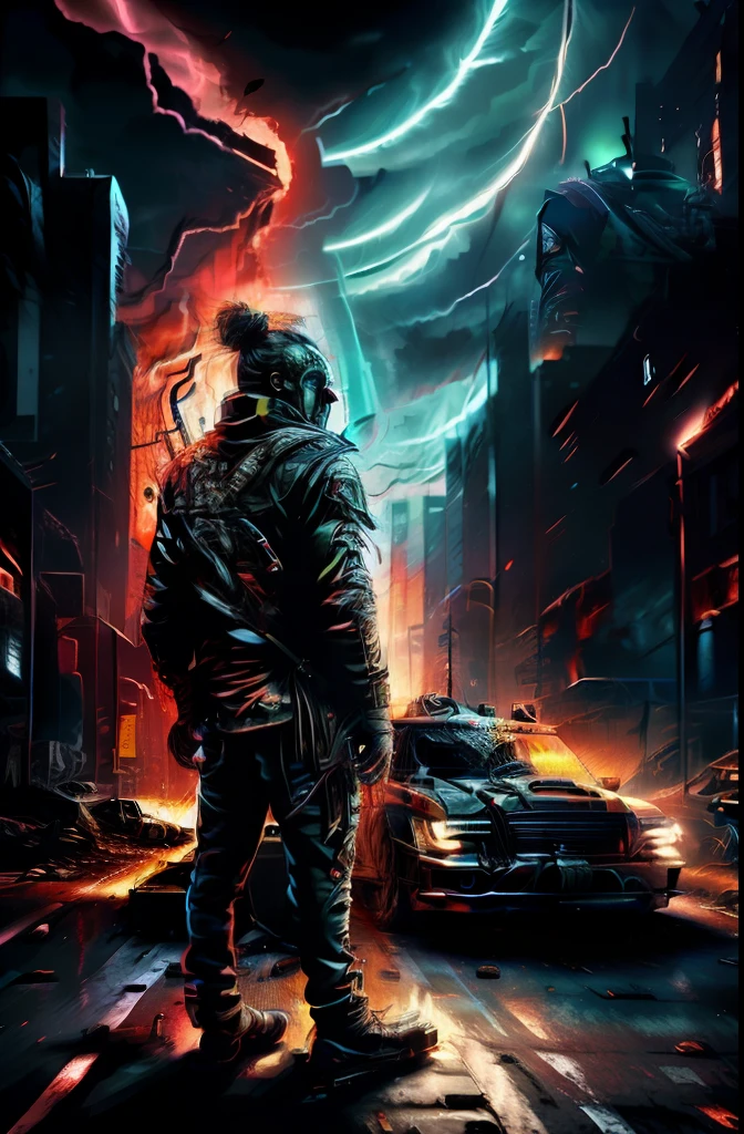 a thin-fronted person with his hands on his face standing up, desperately screaming torn clothes on a road with people shooting and people panicking, city destroyed and twisted TVs spilling blood, Flames and general destruction, Darkness in Dark Times
