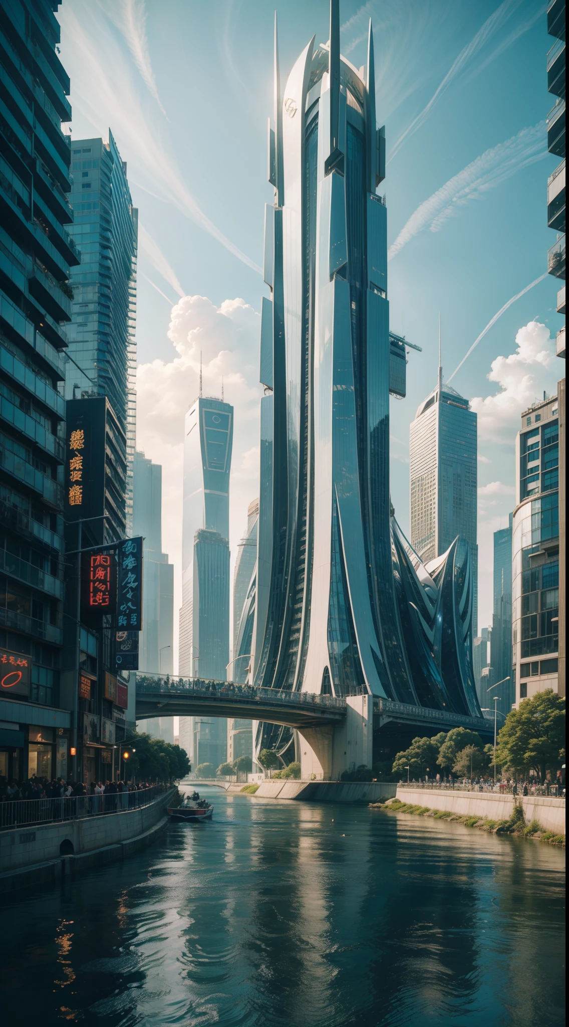 arafed view of a city with a bridge and a river, by Zha Shibiao, inspired by Zha Shibiao, landscape of a future city, inspired by Cheng Jiasui, beeple rendering, city of the future, with tall glass skyscrapers, beautiful city of the future, skyscrapers with greenery