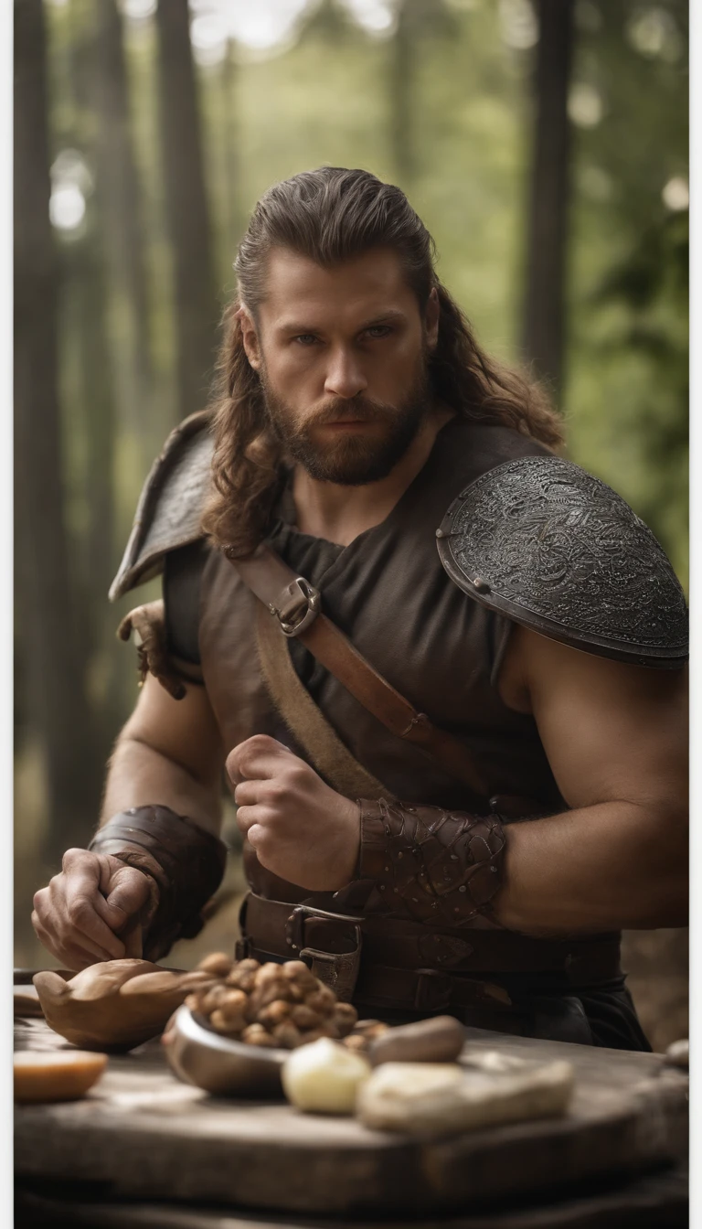 a viking man with armor and helmet, sitting at the table, eating, with food on a cutting board, viking style, norwegian man, technoviking male with no shirt, viking culture, norse warrior, germanic, portrait of a viking, viking warrior, with axe, norse god, viking beard, viking berserker, wearing viking clothes, viking king, picture of an adult male warrior,