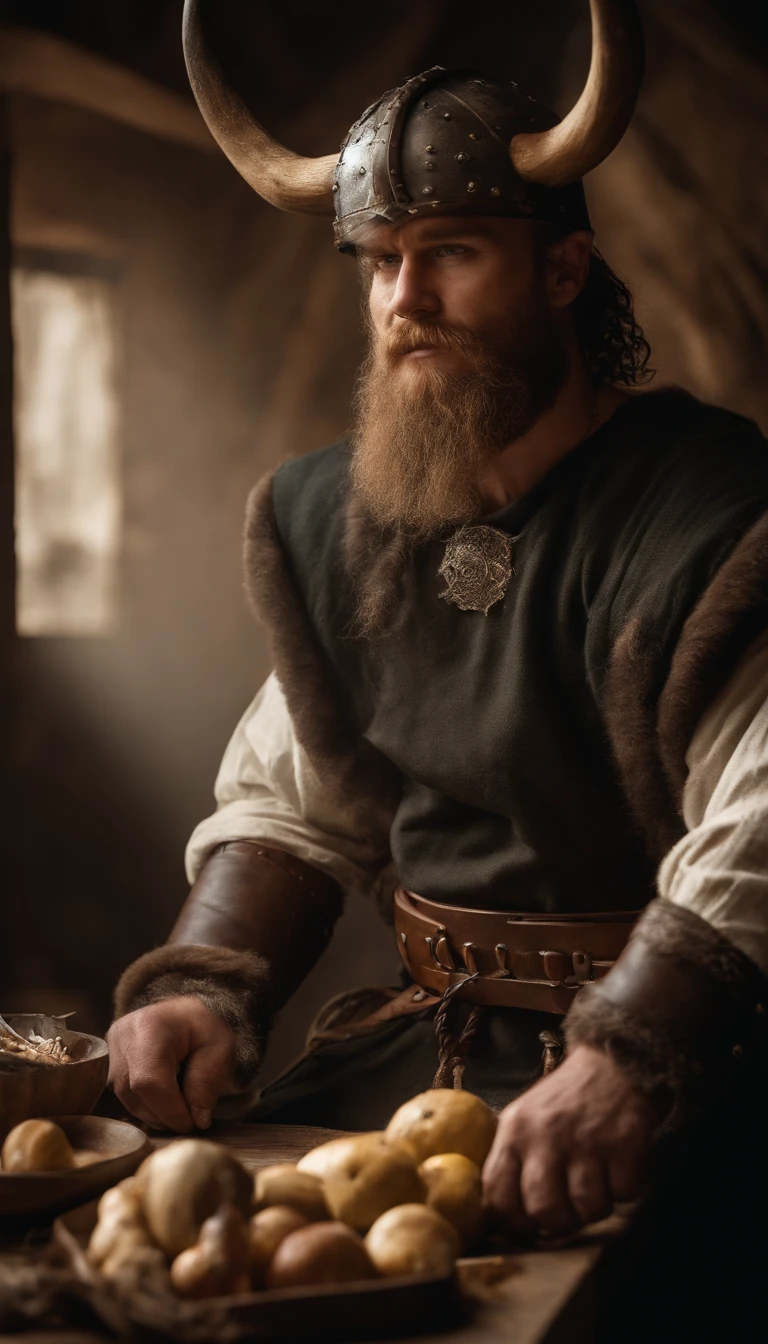 a viking man with armor and helmet, sitting at the table, eating, with food on a cutting board,  viking style,  norwegian man,  technoviking male with no shirt,  viking culture,  norse warrior,  germanic,  portrait of a viking,  viking warrior,  with axe,  norse god,  viking beard,  viking berserker,  wearing viking clothes,  viking king,  picture of an adult male warrior,