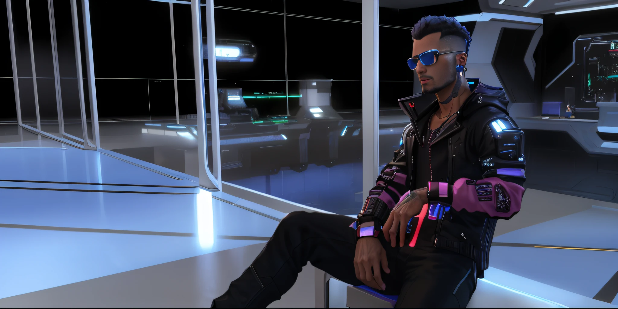 There's a man sitting on a bench in a futuristic setting, Dans Cyber Punk 2077, in a dark futuristic room, Cyber Punk setting, Debout dans un bar Starbase, dans un contexte Cyberpunk, virtual metaverse room, stood inside a futuristic lab, in a cyberpunk themed room, In a cyber-punk ally, assis dans un salon