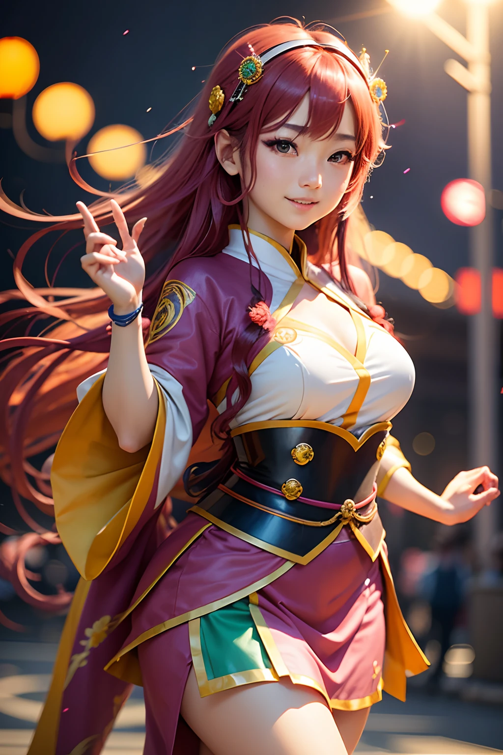 beautiful young Japanese woman,anime convention,A Naru Narusegawa costume,vibrant colors,cosplay enthusiast,sparkling eyes,detailed costume design,long flowing hair,playful expression,excitement and joy,blurred background,bokeh lights,elegant pose,photorealistic rendering,high resolution,masterpiece:1.2