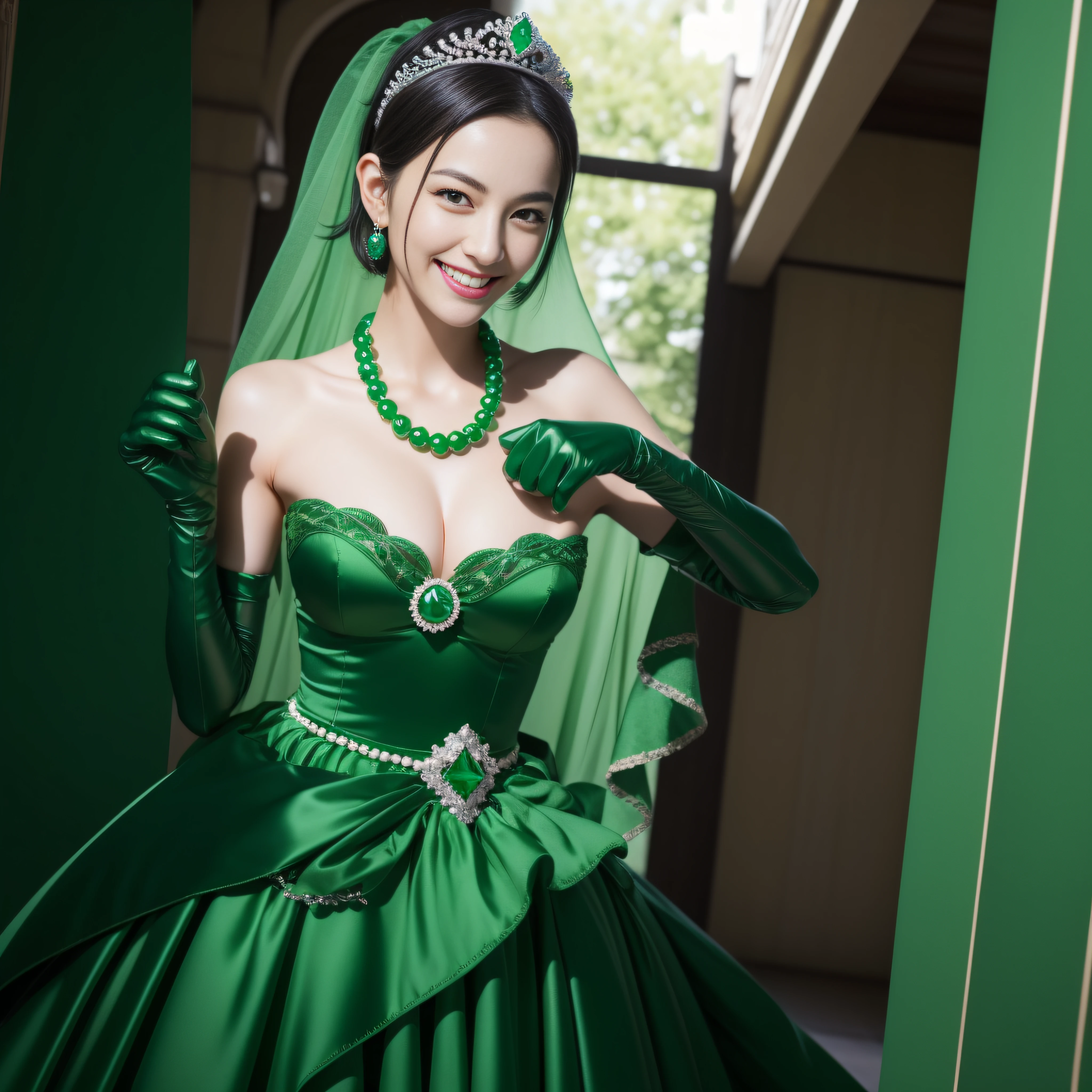 "(Best Quality,Realistic),Japan woman with beautiful smile,emerald tiara,Green Pearl Necklace,Boyish extremely short black hair,lip stick,Green eyes,Long Green Satin Gloves,short short hair, Green eyes